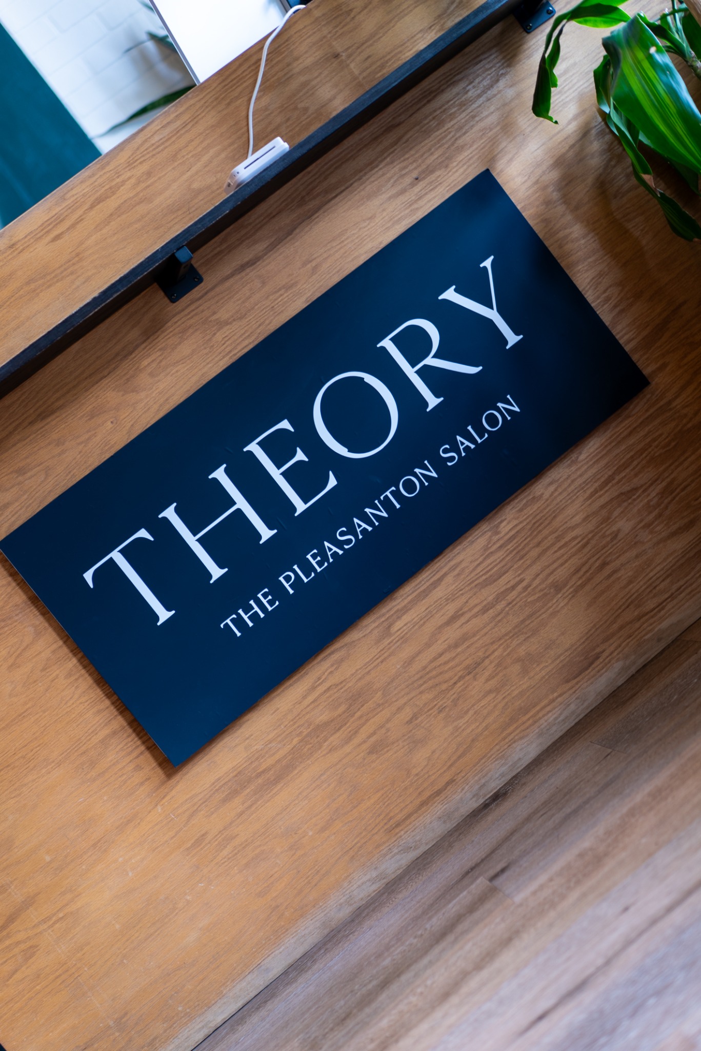 THEORY salon identity sign on a wood reception desk