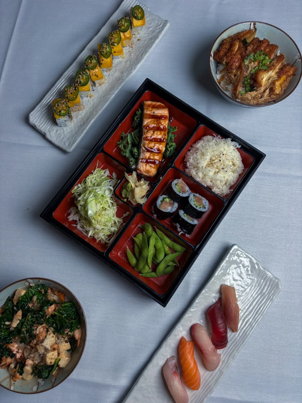 Kakui bento, sushi and side dishes photographed from above