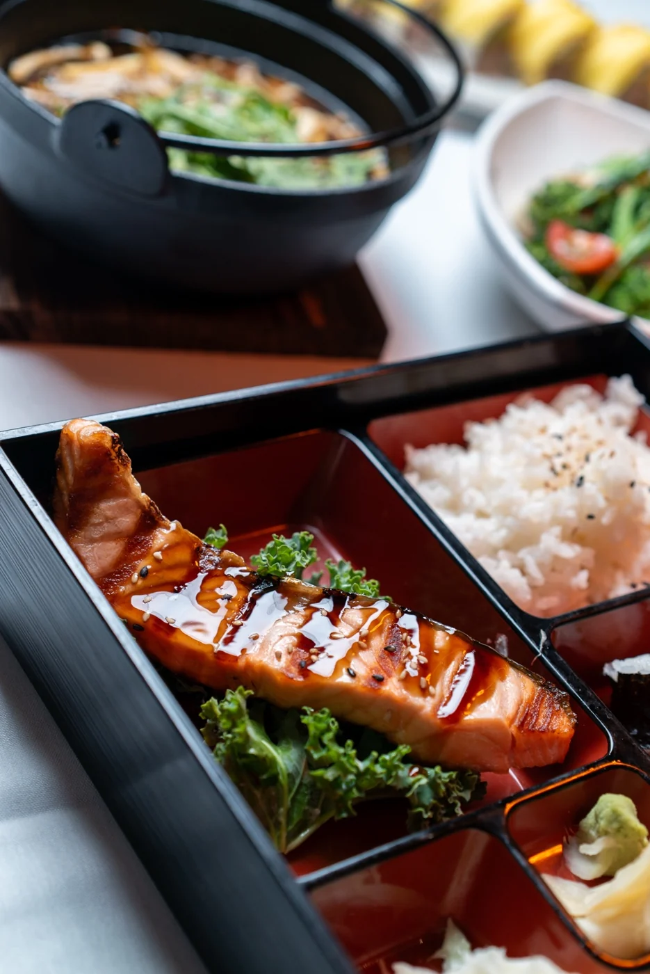 Glazed salmon bento with rice and miso soup